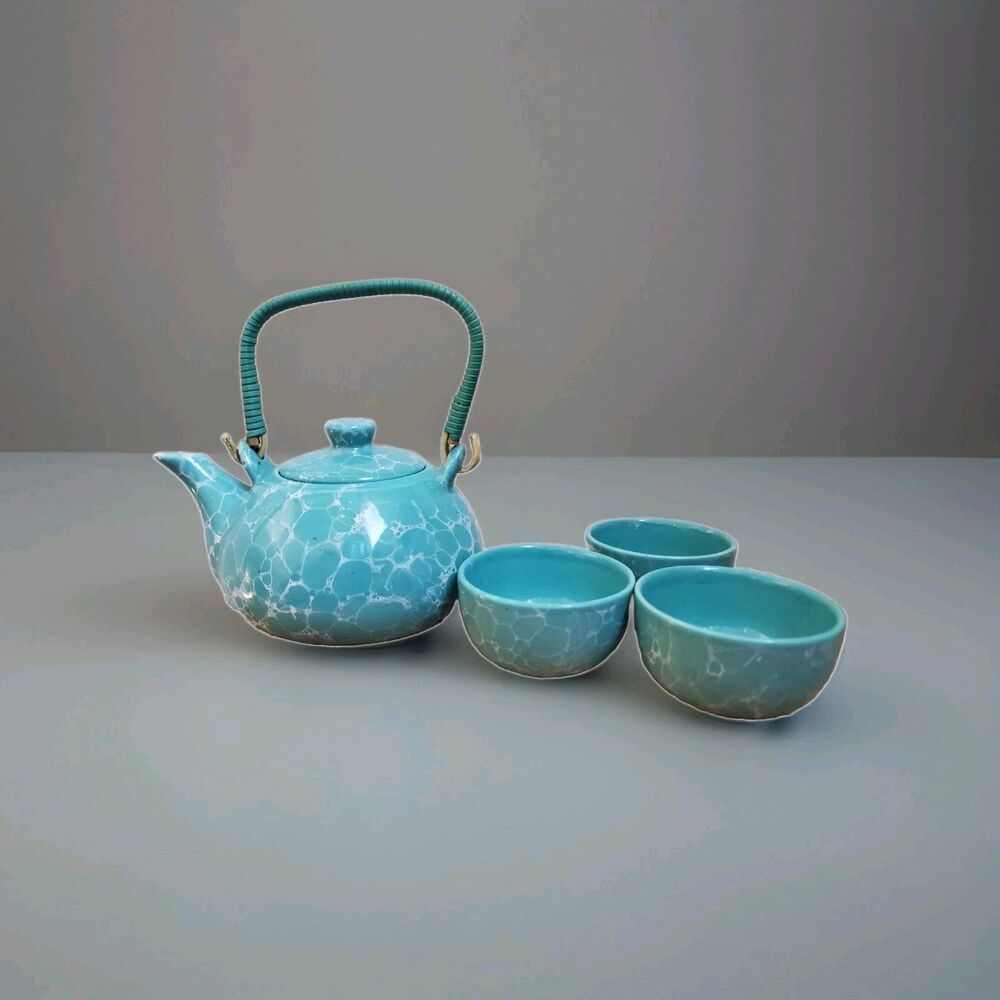 Teapot w Cups Teal Blue Ceramic Wicker Handle 4 pc Set Estate Vintage Marbled